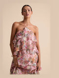 Pink Tiered Floral Halter Neck A-Line Maxi Structured Woven Fabric Formal Dress for Gala Reception