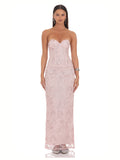 Blush Pink Corset Floral A-Line Maxi Structured Woven Fabric Bridesmaid Dress for Wedding Ceremony