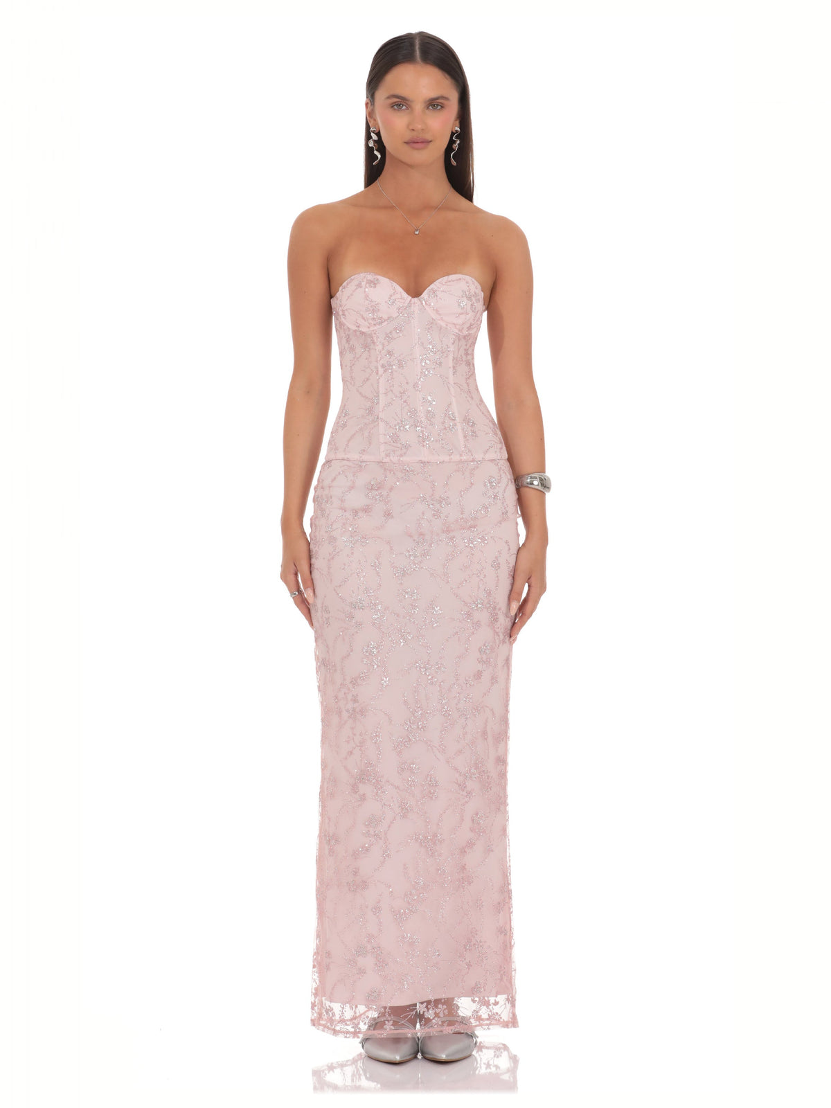 Blush Pink Corset Floral A-Line Maxi Structured Woven Fabric Bridesmaid Dress for Wedding Ceremony