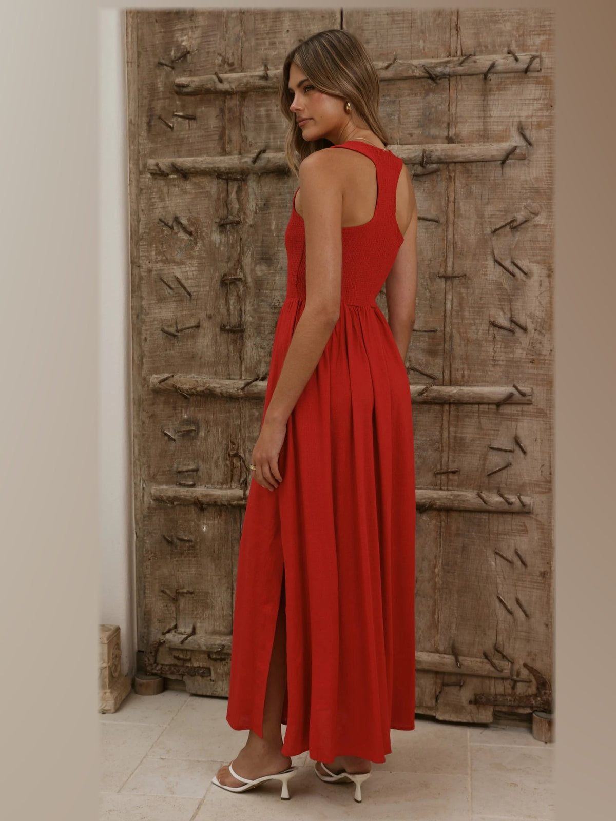 Red A-Line Maxi Structured Woven Fabric Formal Dress for Evening Wedding