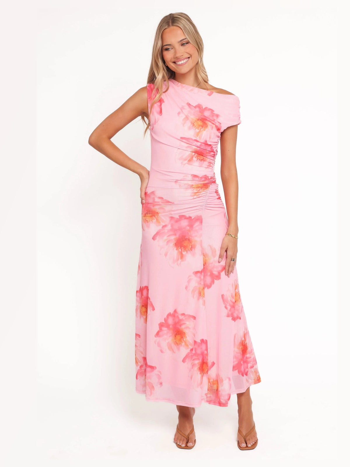 Red Floral A-Line Maxi Structured Woven Fabric Formal Dress for Seaside Reception