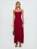 Red Pleated A-Line Maxi Structured Woven Fabric Formal Dress for Evening Party