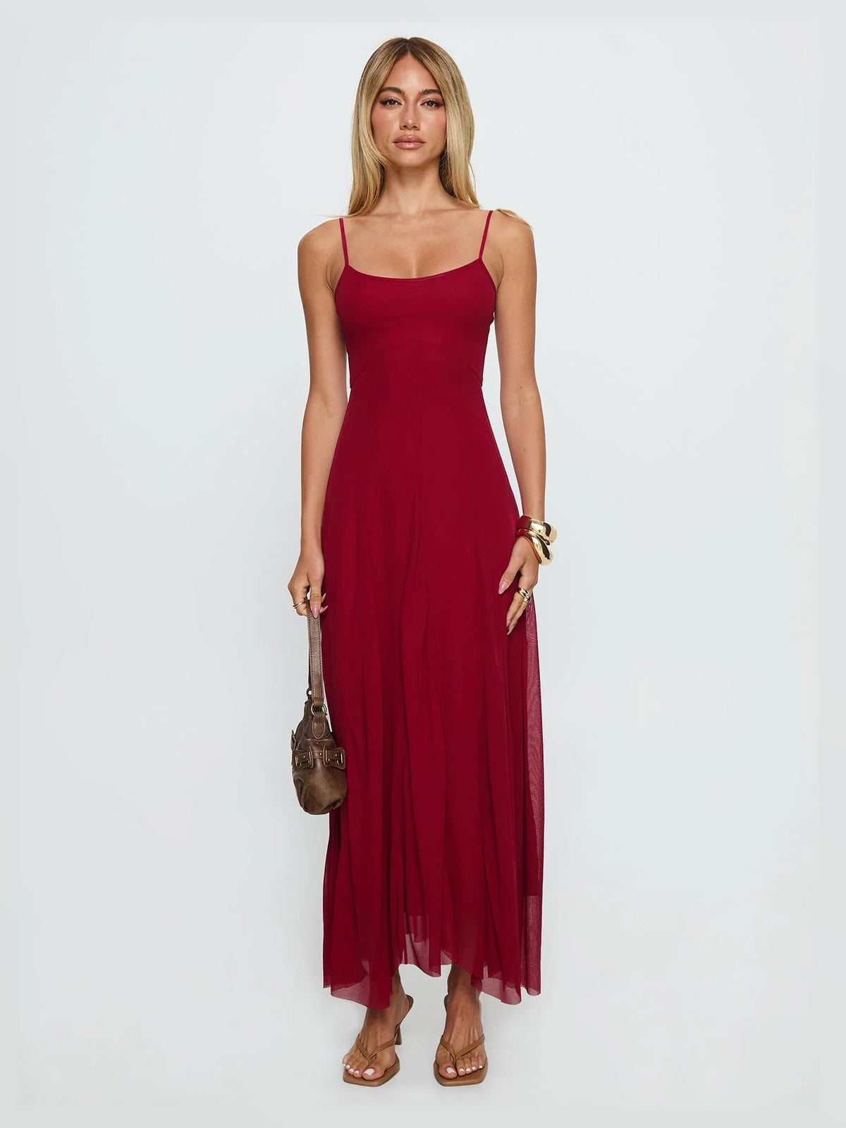 Red Pleated A-Line Maxi Structured Woven Fabric Formal Dress for Evening Party