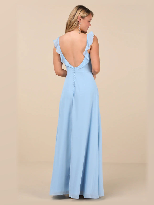 Light Blue Ruffled A-Line Maxi Structured Woven Fabric Formal Dress for Evening Occasion