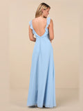 Light Blue Ruffled A-Line Maxi Structured Woven Fabric Formal Dress for Evening Occasion