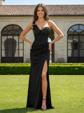 Black Corset Flower-Applique Floral Slit One Shoulder Sheath Floor-Length Crepe Prom Dress for Winter Formal