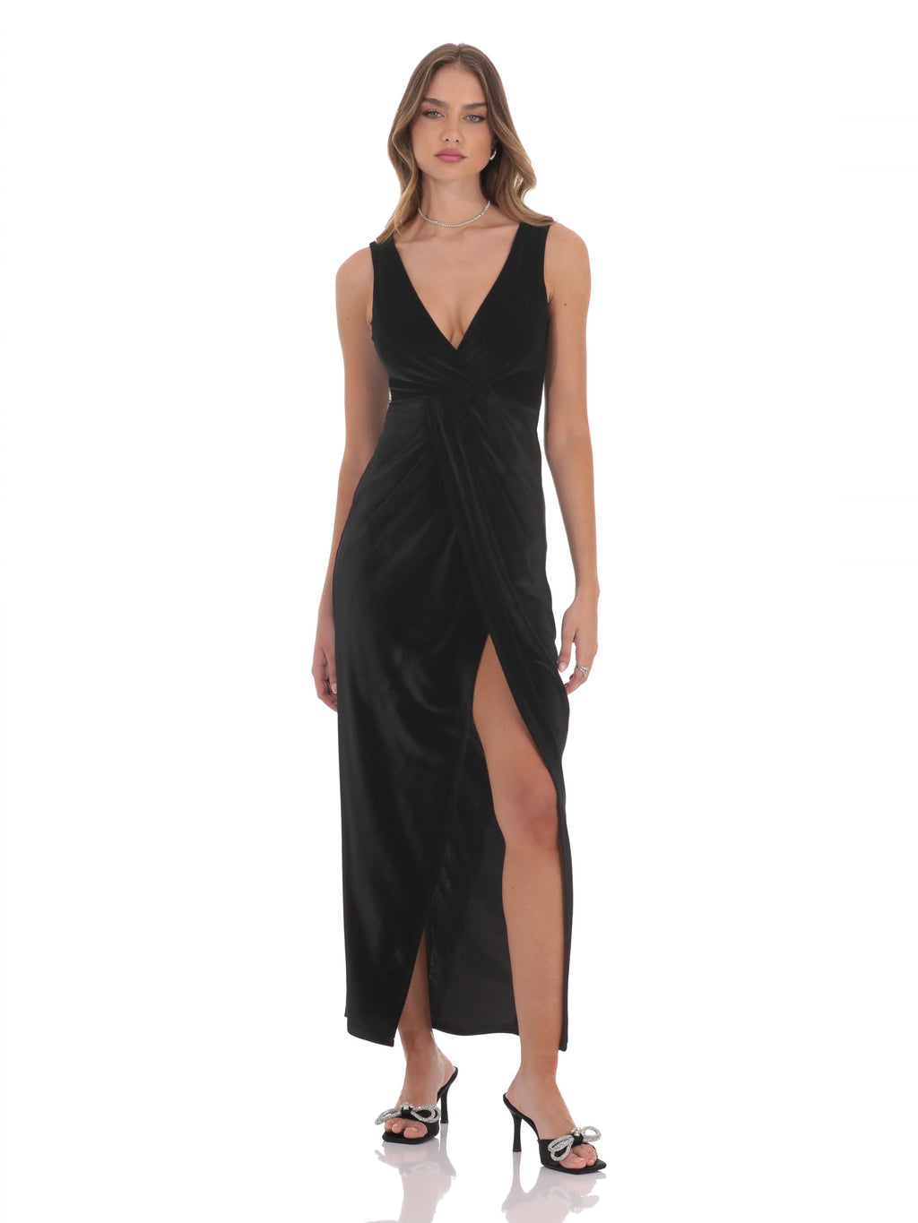 V Neck A-Line Maxi Structured Woven Fabric Bridesmaid Dress for Wedding Ceremony