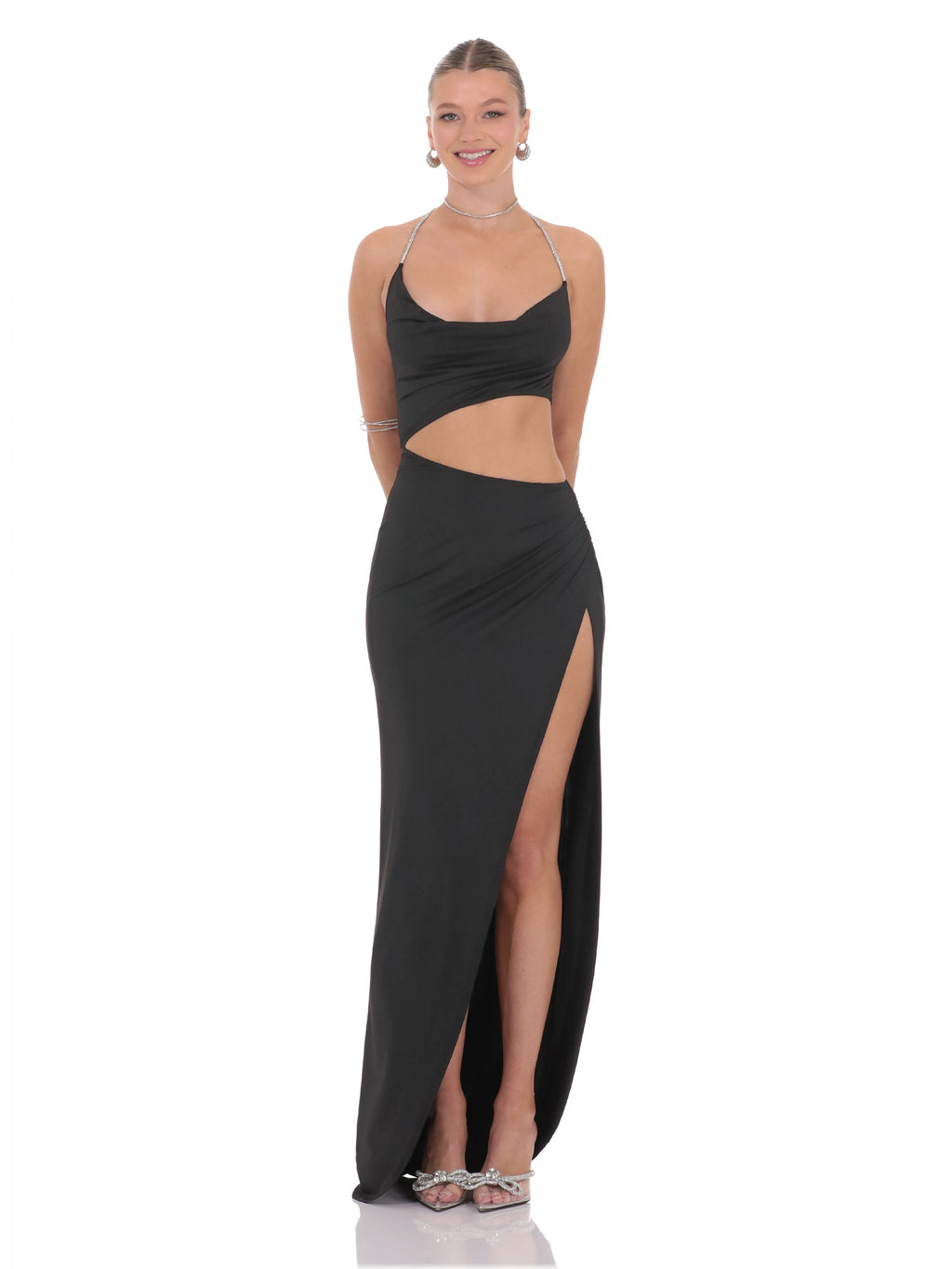 Cut-Out Rhinestone A-Line Maxi Structured Woven Fabric Bridesmaid Dress for Formal Wedding