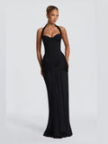 Black A-Line Maxi Structured Woven Fabric Formal Dress for Holiday Gala