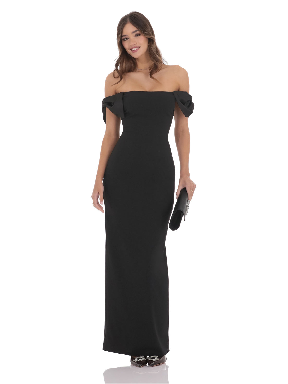 Bow Off Shoulder A-Line Maxi Structured Woven Fabric Bridesmaid Dress for Garden Wedding