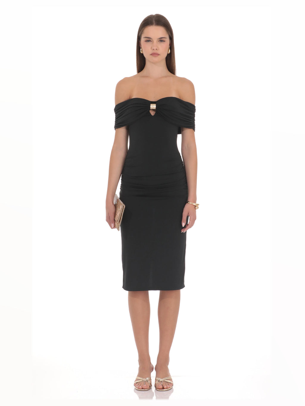 Black Ruched A-Line Midi Structured Woven Fabric Bridesmaid Dress for Destination Wedding