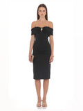 Black Ruched A-Line Midi Structured Woven Fabric Bridesmaid Dress for Destination Wedding