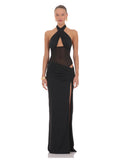 Black Halter Neck A-Line Maxi Structured Woven Fabric Bridesmaid Dress for Garden Wedding