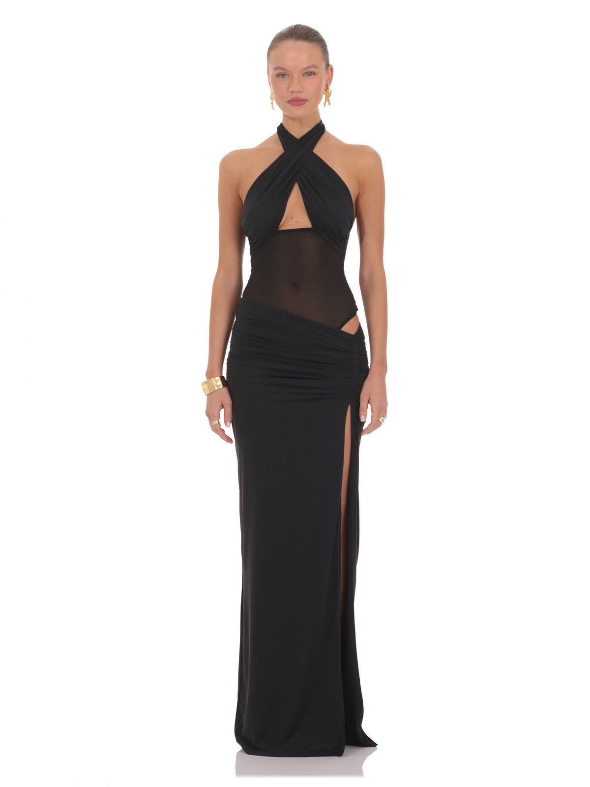 Black Halter Neck A-Line Maxi Structured Woven Fabric Bridesmaid Dress for Garden Wedding