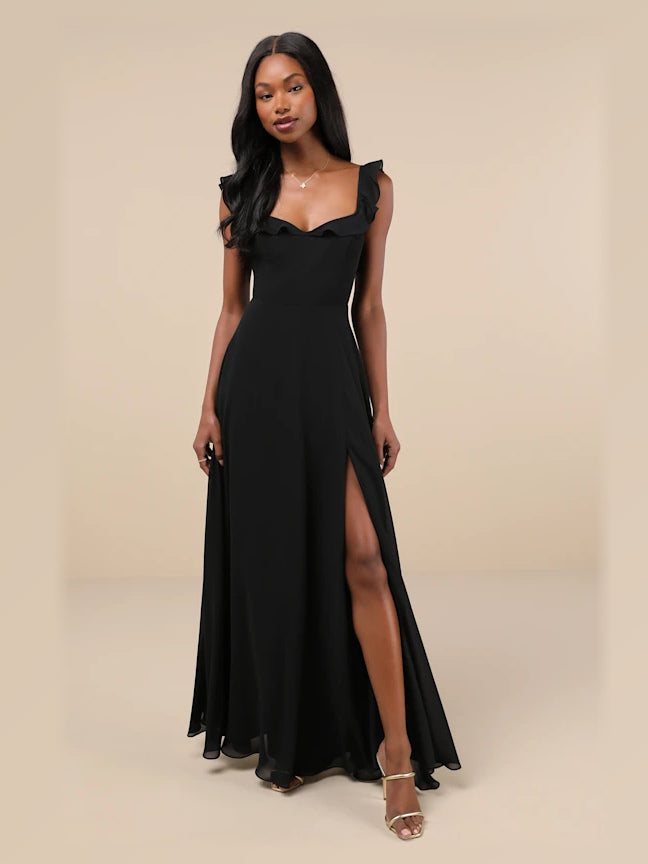 Black Ruffled A-Line Maxi Structured Woven Fabric Formal Dress for Cocktail Event