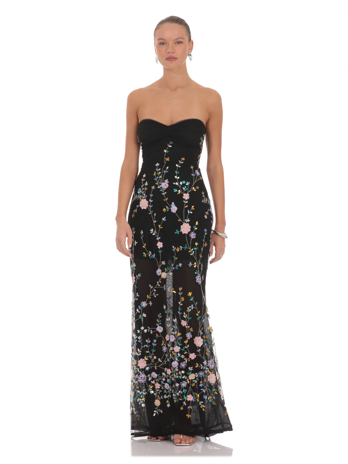 Black Floral A-Line Maxi Structured Woven Fabric Bridesmaid Dress for Wedding Reception