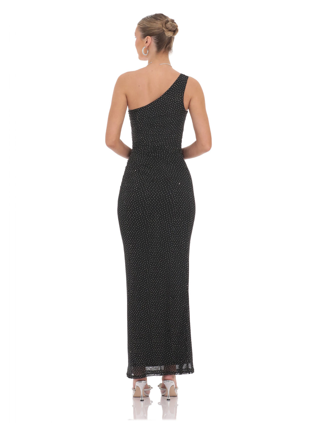 Rhinestone One Shoulder A-Line Maxi Structured Woven Fabric Bridesmaid Dress for Formal Wedding