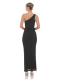 Rhinestone One Shoulder A-Line Maxi Structured Woven Fabric Bridesmaid Dress for Formal Wedding