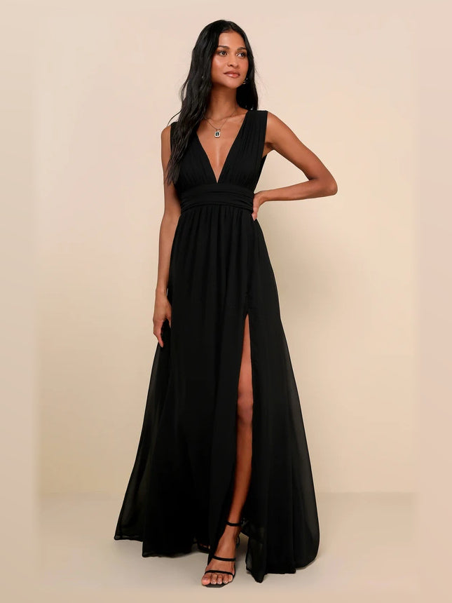 Black A-Line Maxi Structured Woven Fabric Formal Dress for Celebration Reception