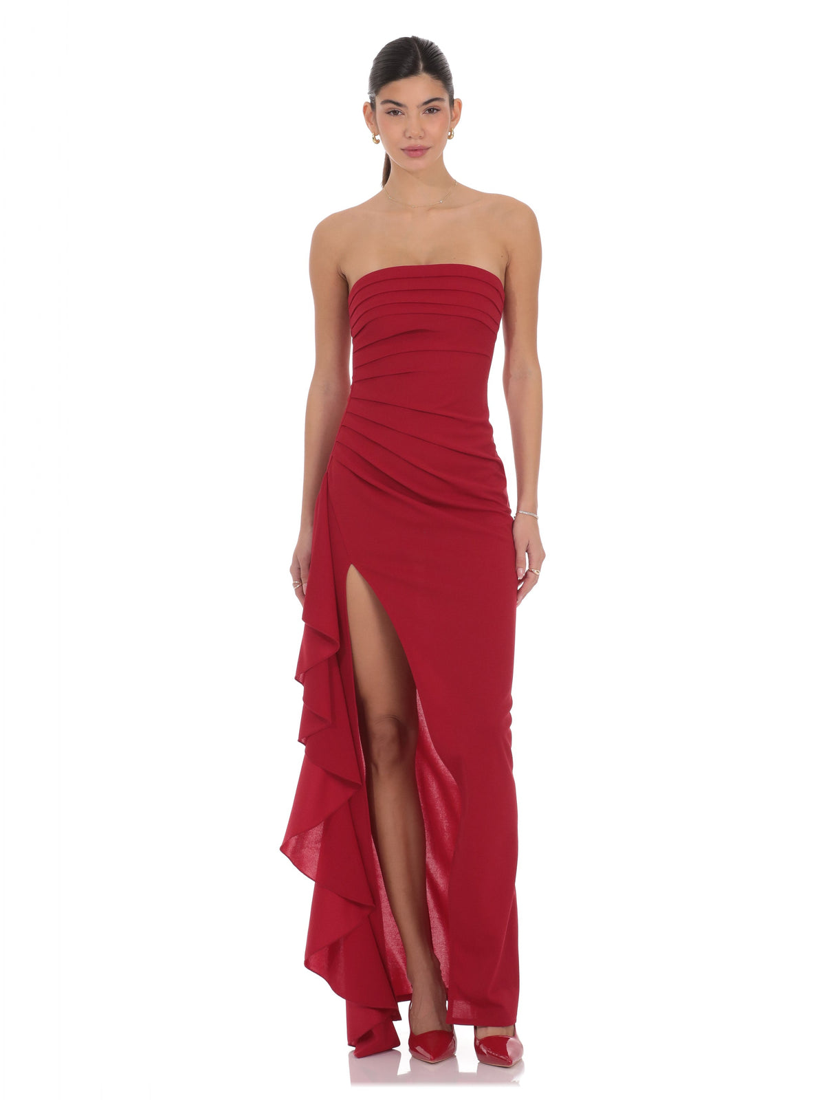 Ruched Ruffled Strapless A-Line Maxi Structured Woven Fabric Bridesmaid Dress for Estate Wedding