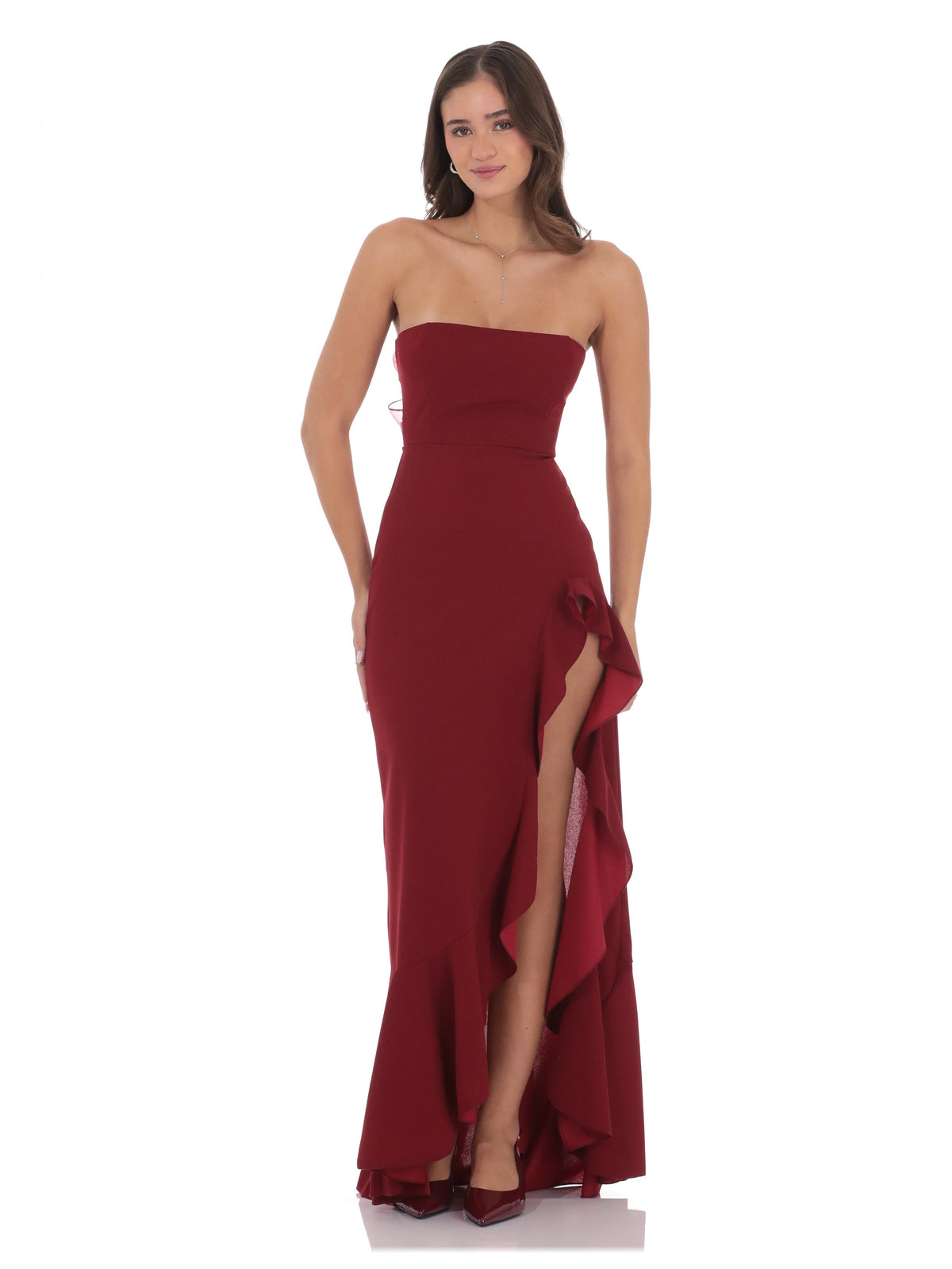 Corset Bow Strapless A-Line Maxi Structured Woven Fabric Bridesmaid Dress for Garden Wedding