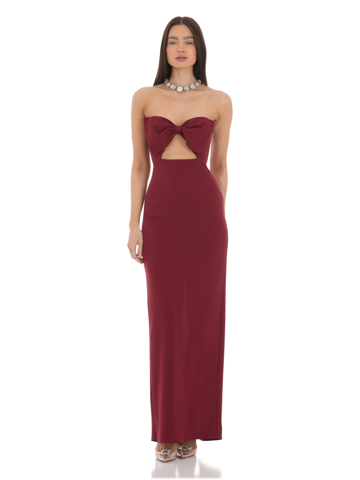 Cut-Out Bow Strapless A-Line Maxi Structured Woven Fabric Bridesmaid Dress for Destination Wedding