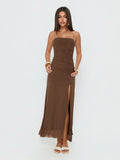 Mocha Strapless A-Line Maxi Structured Woven Fabric Formal Dress for Cocktail Evening