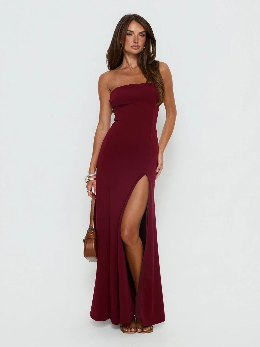 Burgundy Slit Strapless A-Line Maxi Structured Woven Fabric Formal Dress for Formal Dance