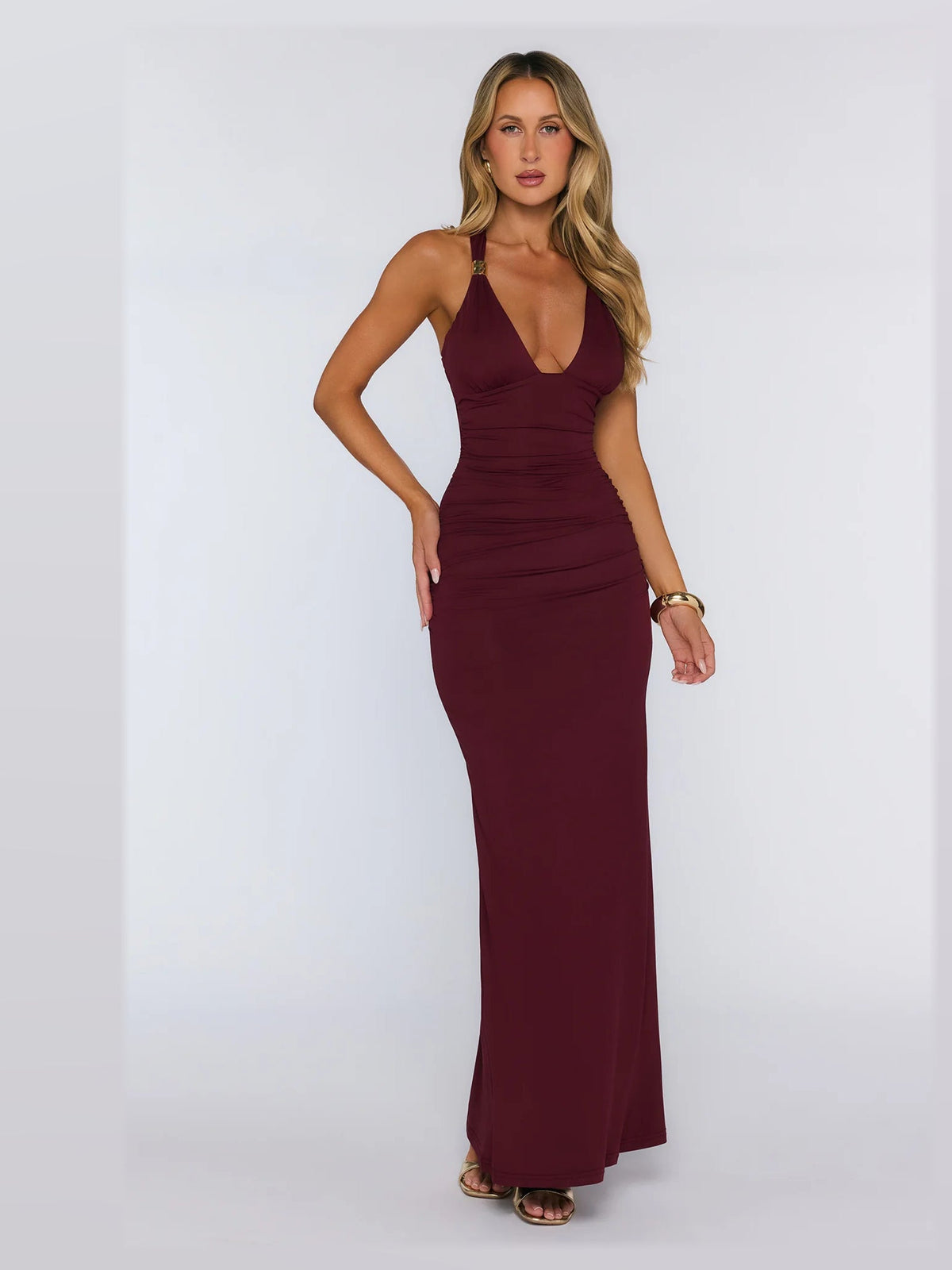 Burgundy A-Line Maxi Structured Woven Fabric Formal Dress for Cocktail Party