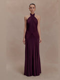 Mahogany Halter Neck A-Line Maxi Structured Woven Fabric Formal Dress for Celebration Dinner