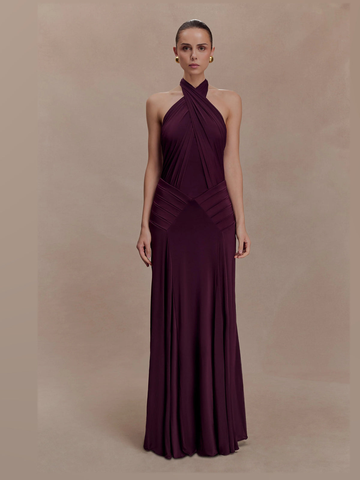 Mahogany Halter Neck A-Line Maxi Structured Woven Fabric Formal Dress for Celebration Dinner
