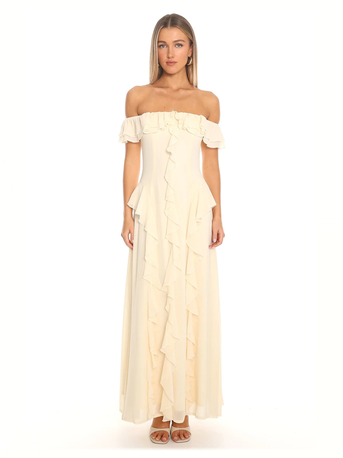 Butter Ruffled Off Shoulder A-Line Maxi Structured Woven Fabric Formal Dress for Milestone Birthday