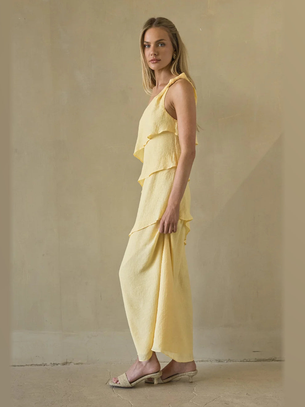 Sage Tiered Ruffled A-Line Maxi Structured Woven Fabric Formal Dress for Charity Ball