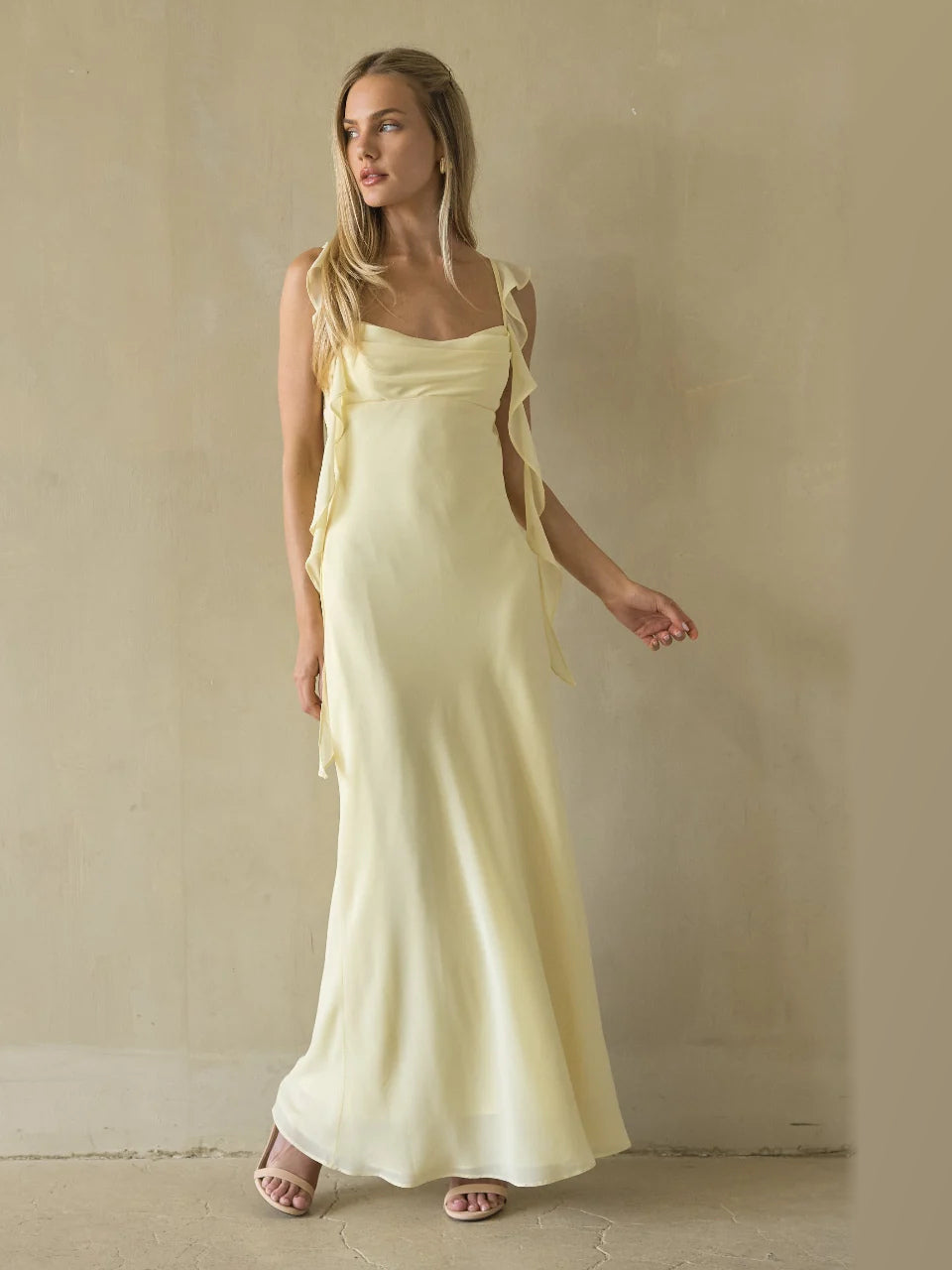 Butter Yellow Ruffled A-Line Maxi Structured Woven Fabric Formal Dress for Holiday Party