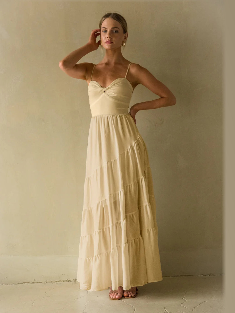 Butter Yellow A-Line Maxi Structured Woven Fabric Formal Dress for Evening Ceremony