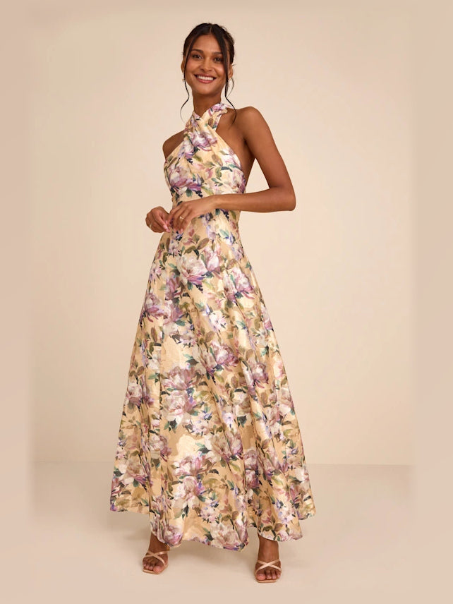 Light Yellow Floral Floral A-Line Maxi Structured Woven Fabric Formal Dress for Country Club Event