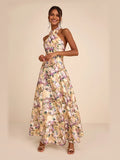 Light Yellow Floral Floral A-Line Maxi Structured Woven Fabric Formal Dress for Country Club Event