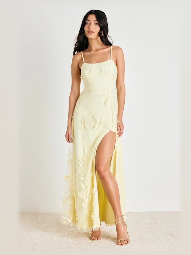 Pale Yellow Flower-Applique Floral A-Line Maxi Structured Woven Fabric Formal Dress for Special Celebration