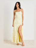 Pale Yellow Flower-Applique Floral A-Line Maxi Structured Woven Fabric Formal Dress for Special Celebration