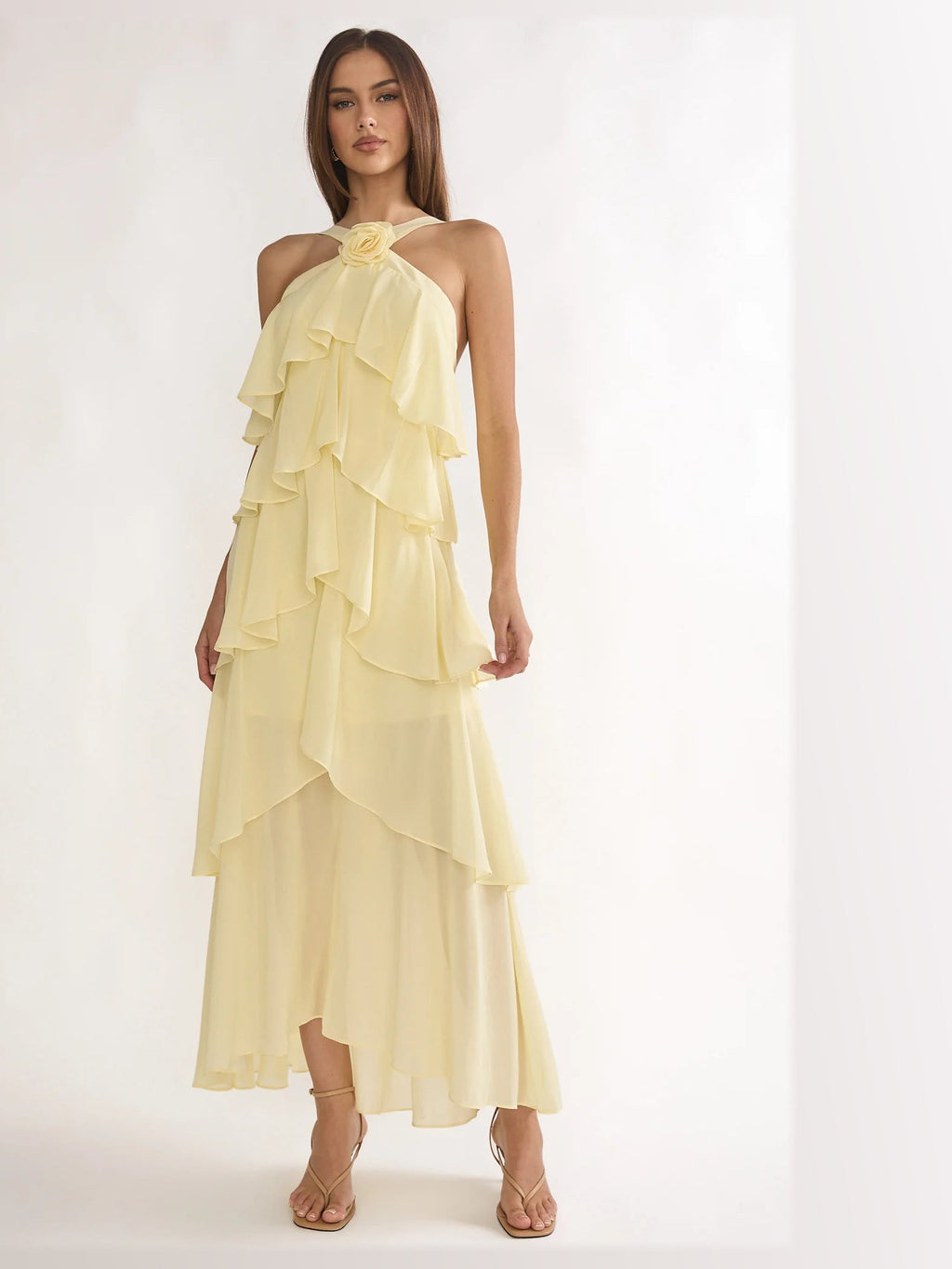 Yellow Tiered Ruffled A-Line Maxi Structured Woven Fabric Formal Dress for Graduation Party
