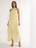 Yellow Tiered Ruffled A-Line Maxi Structured Woven Fabric Formal Dress for Graduation Party