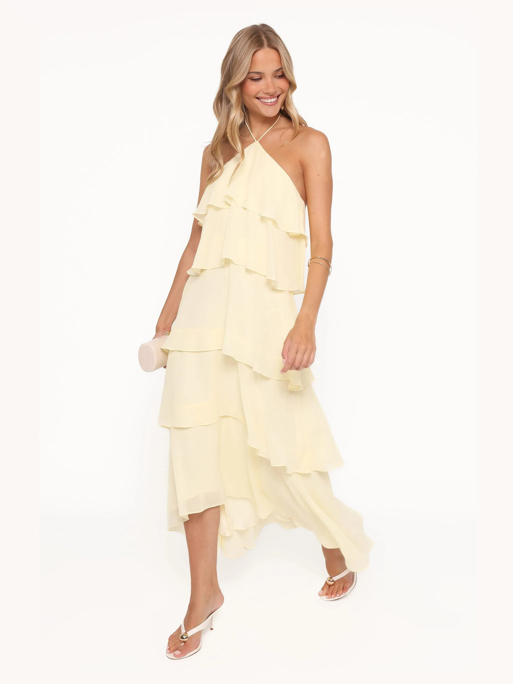 Yellow Halter Neck A-Line Maxi Structured Woven Fabric Formal Dress for Estate Wedding
