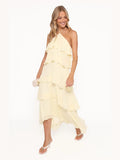 Yellow Halter Neck A-Line Maxi Structured Woven Fabric Formal Dress for Estate Wedding