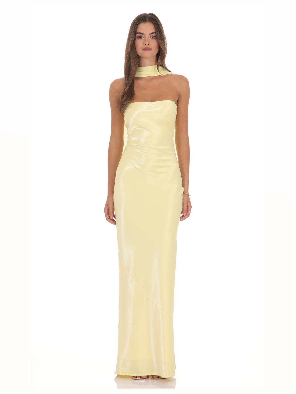Yellow Strapless A-Line Maxi Structured Woven Fabric Bridesmaid Dress for Garden Wedding