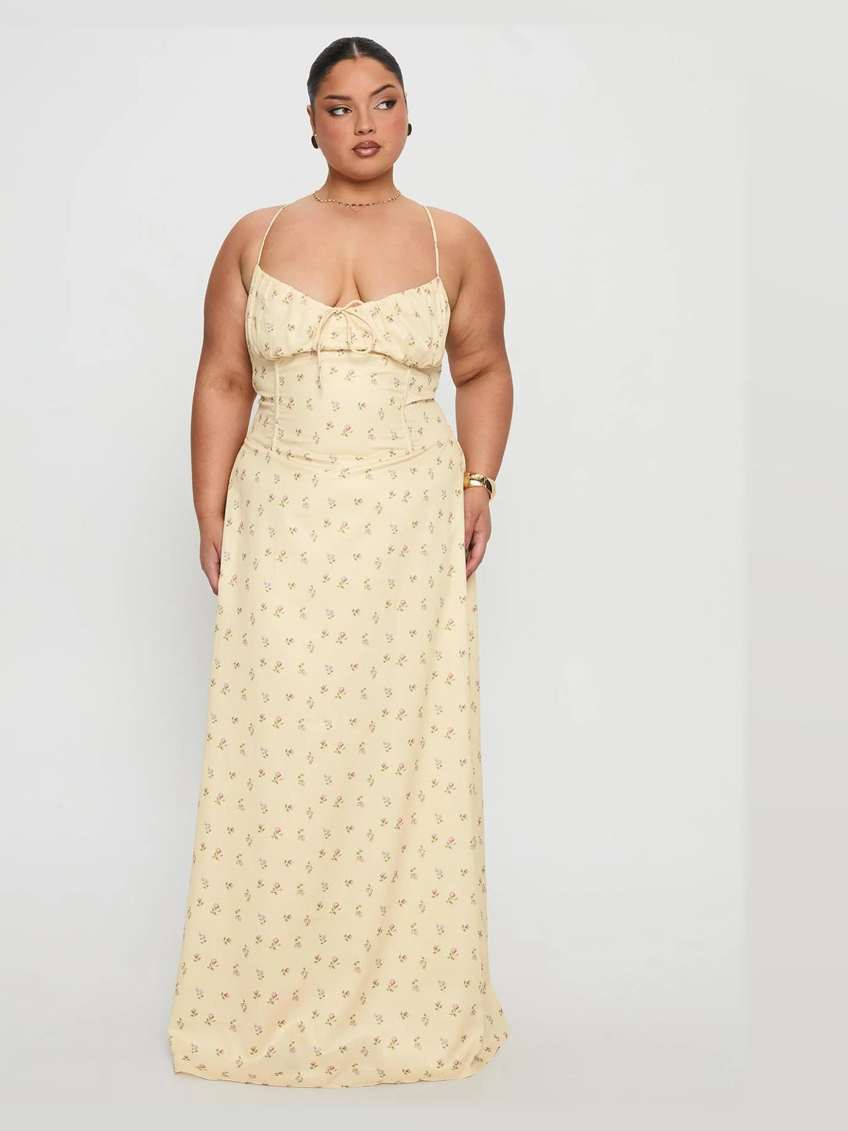 Yellow Floral Floral A-Line Maxi Structured Woven Fabric Formal Dress for Formal Reception