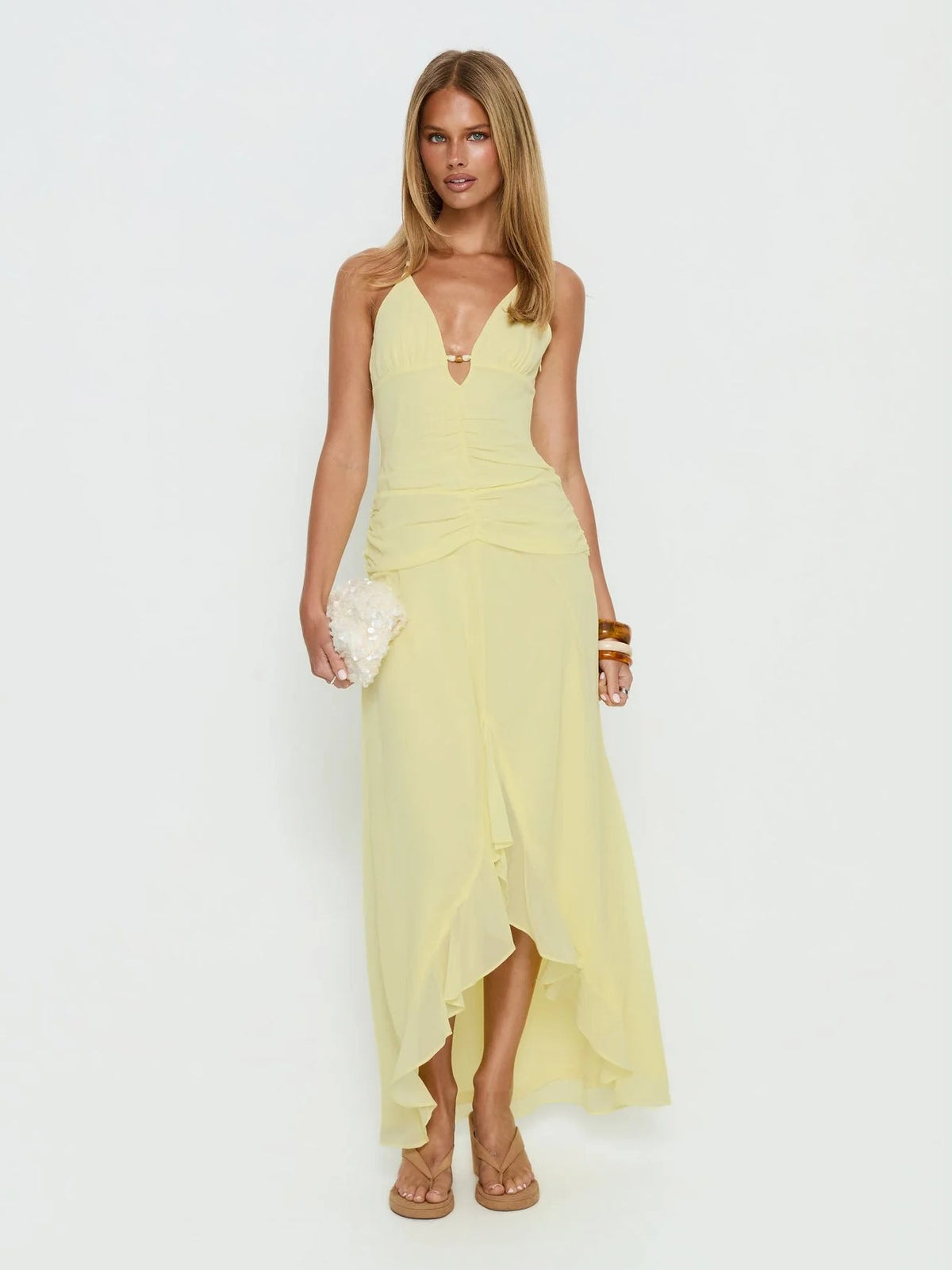 Yellow Halter Neck Asymmetrical Maxi Structured Woven Fabric Formal Dress for Dinner Event