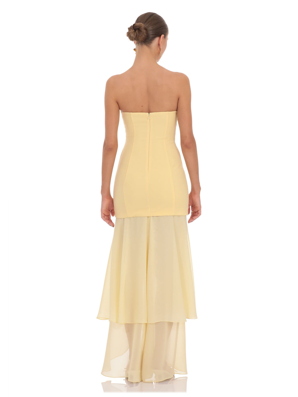 Yellow Layered Strapless A-Line Maxi Structured Woven Fabric Bridesmaid Dress for Destination Wedding