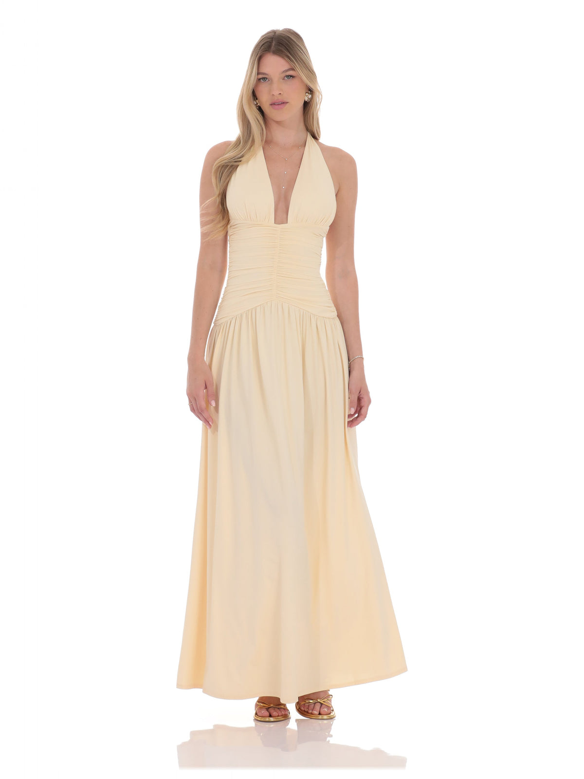 Ruched Halter Neck A-Line Maxi Structured Woven Fabric Bridesmaid Dress for Formal Wedding