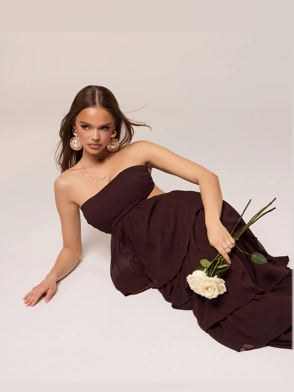 Brown Tiered Ruffled Strapless A-Line Maxi Structured Woven Fabric Formal Dress for Evening Event