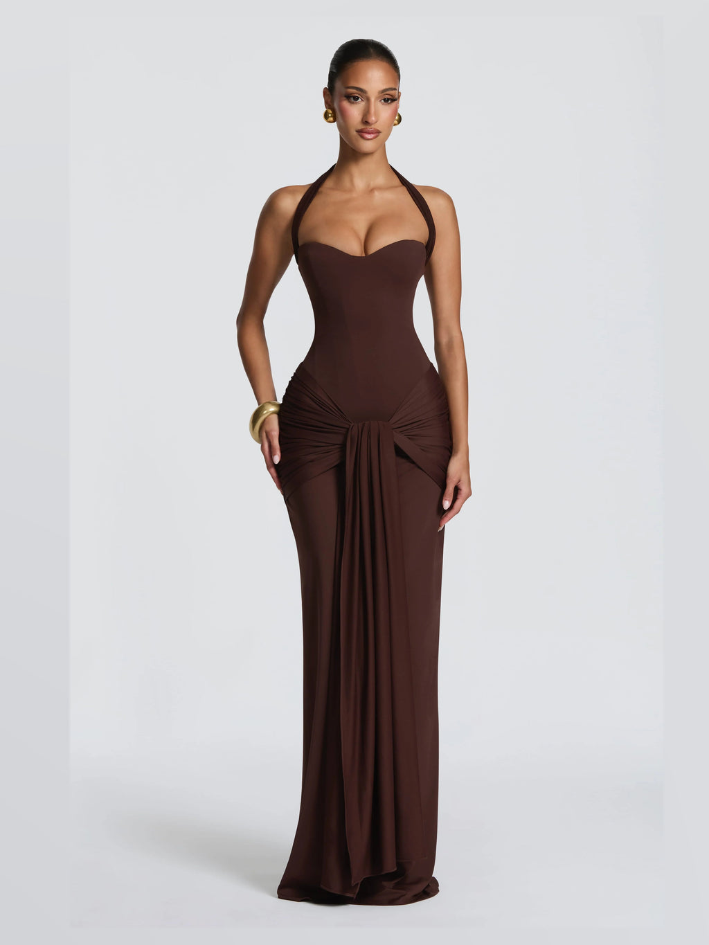 Brown A-Line Maxi Structured Woven Fabric Formal Dress for Festive Dinner